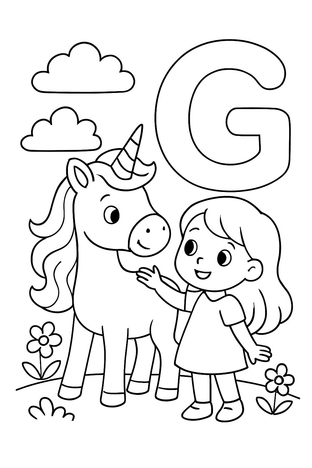 licorne avec une petite fille et la lettre G