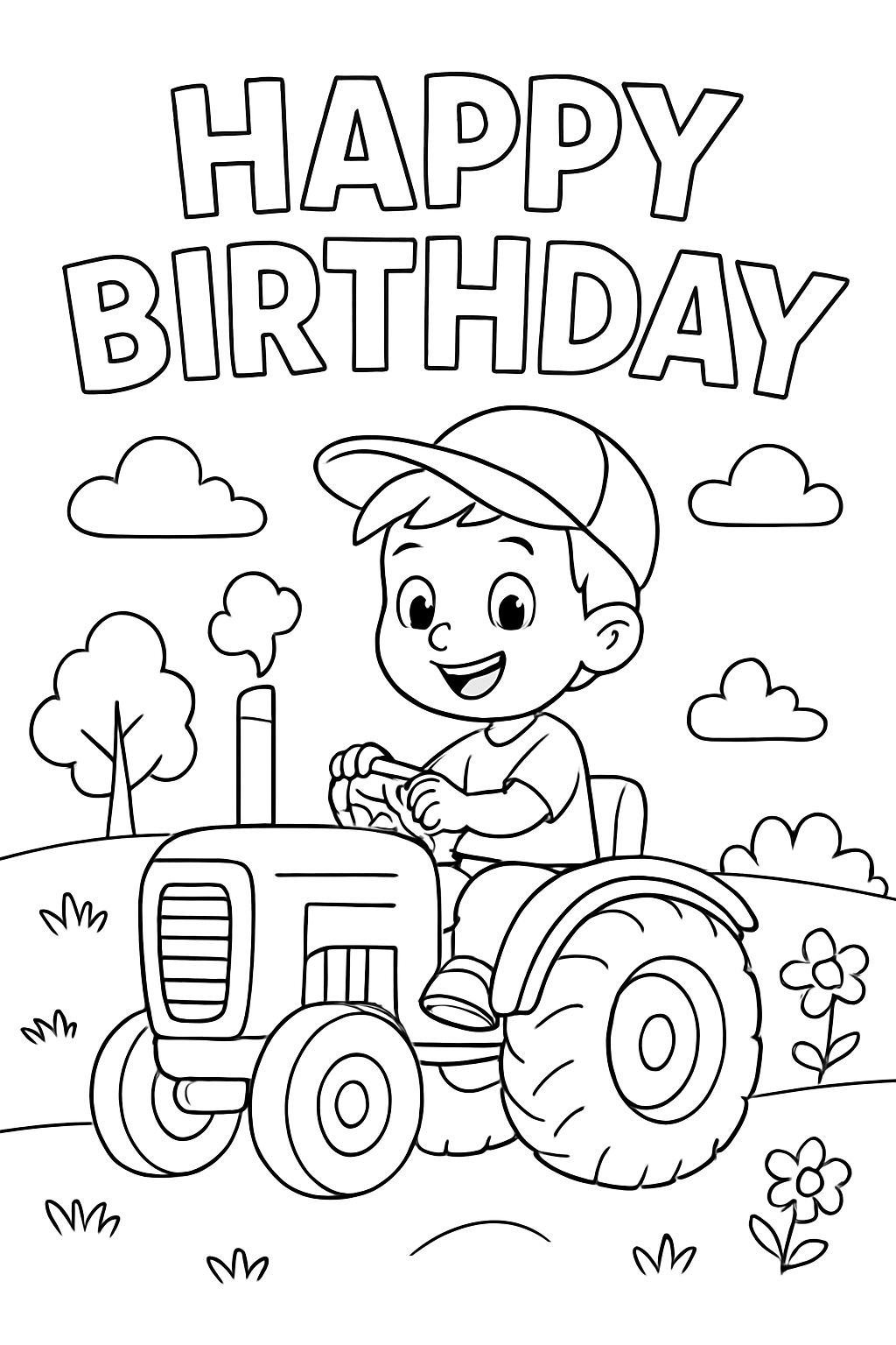 Schriftzug: HAPPY BIRTHDAY, Bild mit kleinem Junge fahrend mit einem Traktor
