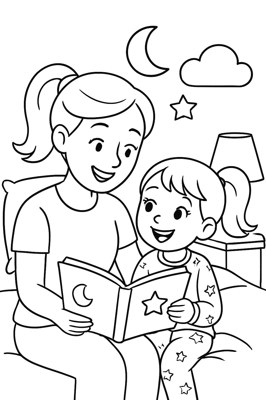 Mom with a ponytail, t-shirt, and eyelashes. Reading a storybook to a 6 year old girl with a ponytail. Wearing pajamas, at bedtime. Mom with a ponytail, t-shirt, and eyelashes. Reading a storybook to a 6 year old girl with a ponytail. Wearing pajamas, at bedtime.