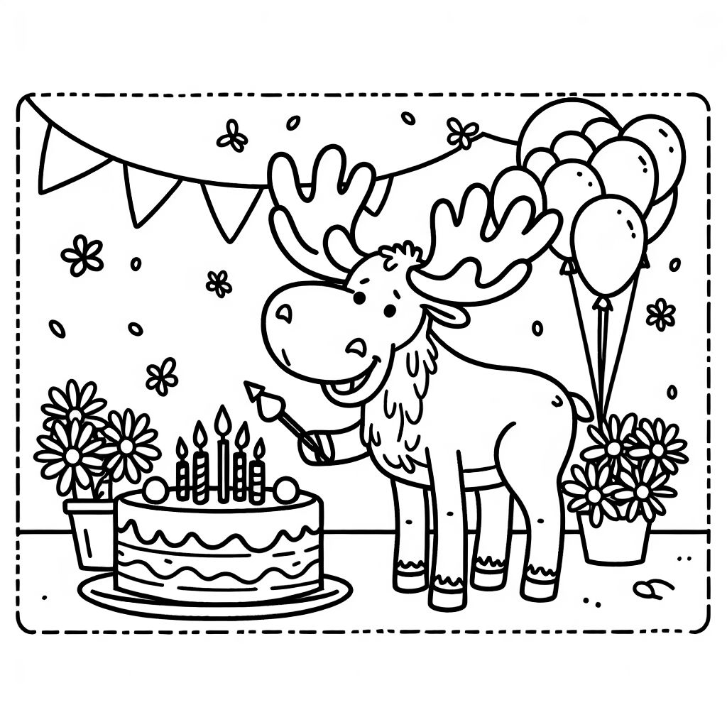 un élan fête son anniversaire avec un gâteau, des fleurs et des ballons un élan fête son anniversaire avec un gâteau, des fleurs et des ballons