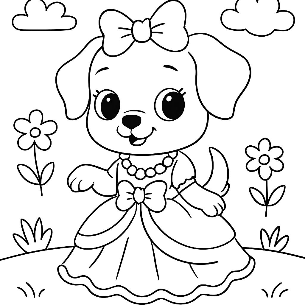 Un cachorro lindo que lleva un vestido de princesa con un lazo y joyería. Un cachorro lindo que lleva un vestido de princesa con un lazo y joyería.