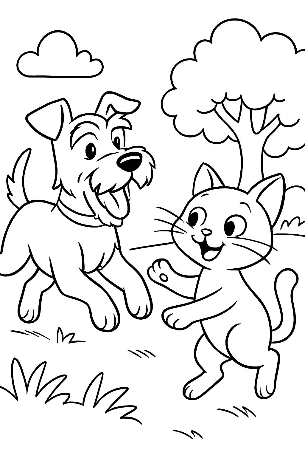 Ein Schnauzer und eine Katze spielen.