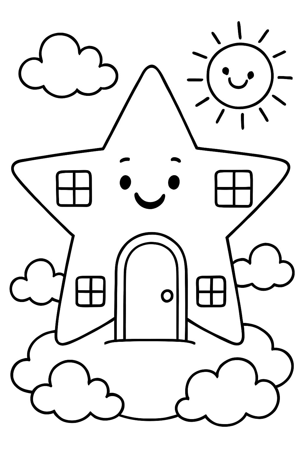 Une grande étoile avec une porte et quatre fenêtres sans visage et avec des nuages et le soleil