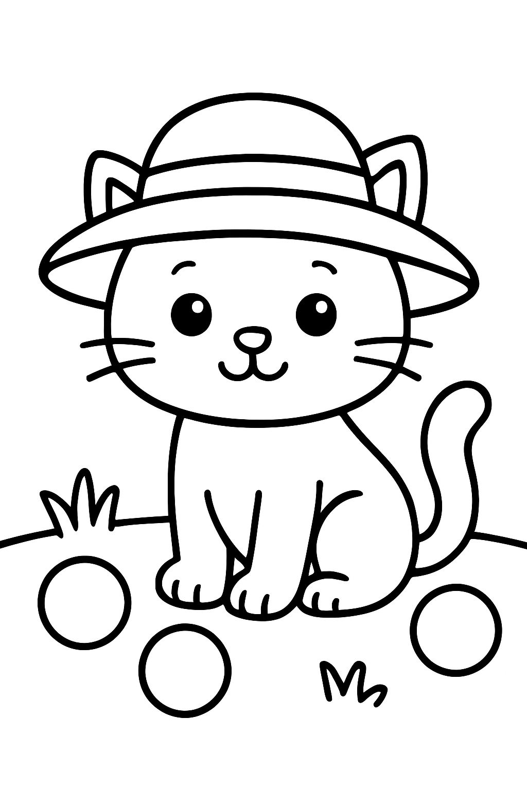 A kitten with a hat and three balls.
