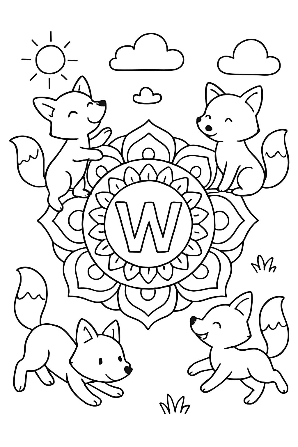 Mandala avec la lettre W au centre et des renards jouant autour