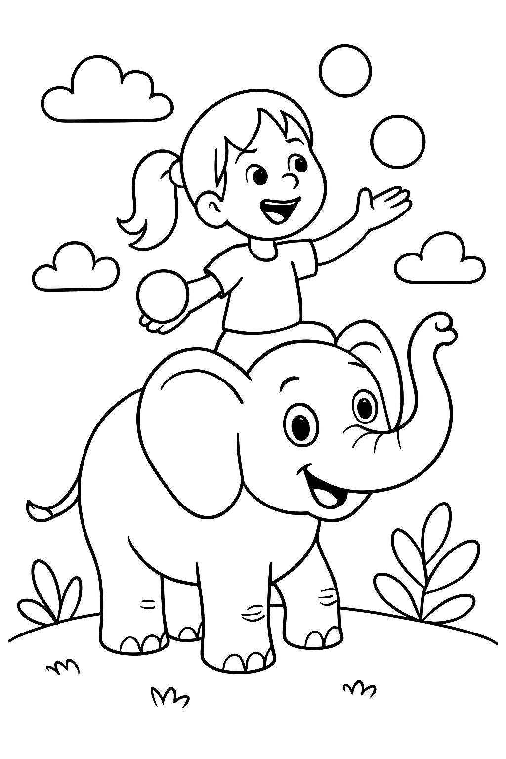 a girl sits on an elephant and throws balls