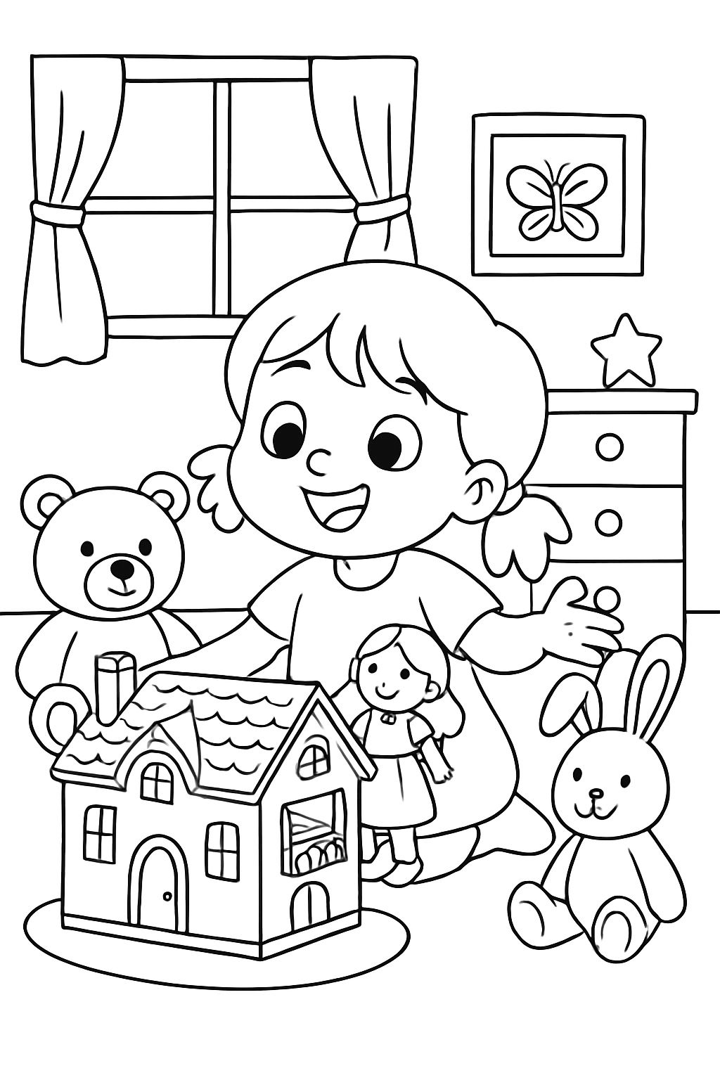 3 year old girl in her room playing with her dollhouse and stuffed animals. 3 year old girl in her room playing with her dollhouse and stuffed animals.