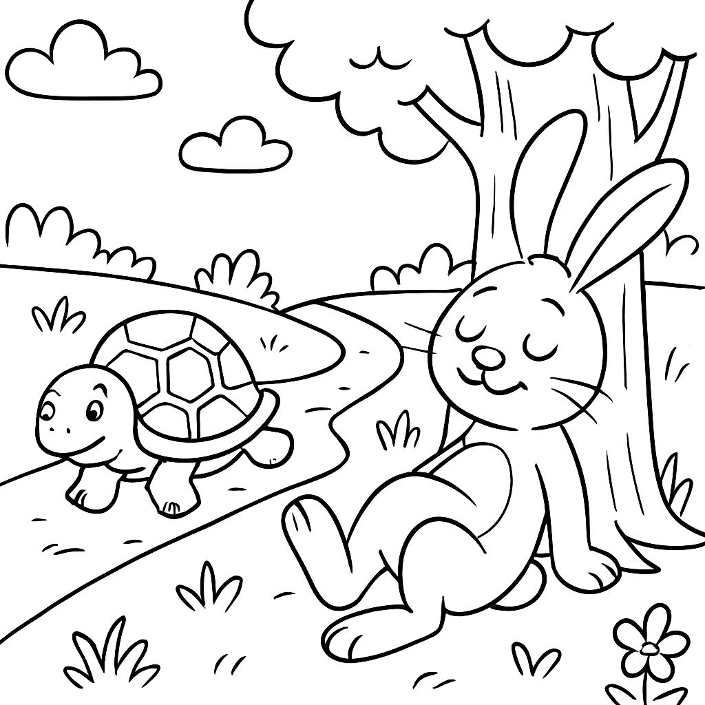 La liebre durmiendo recostada a un árbol mientras la tortuga pasa por el lado. La liebre durmiendo recostada a un árbol mientras la tortuga pasa por el lado.