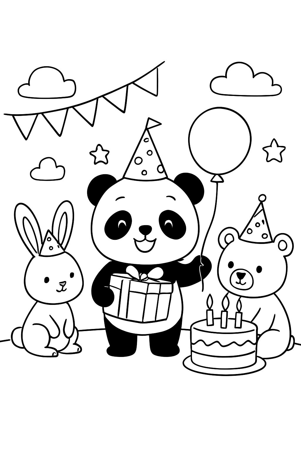 Panda mit seinen Freunden und Geburtstagssachen