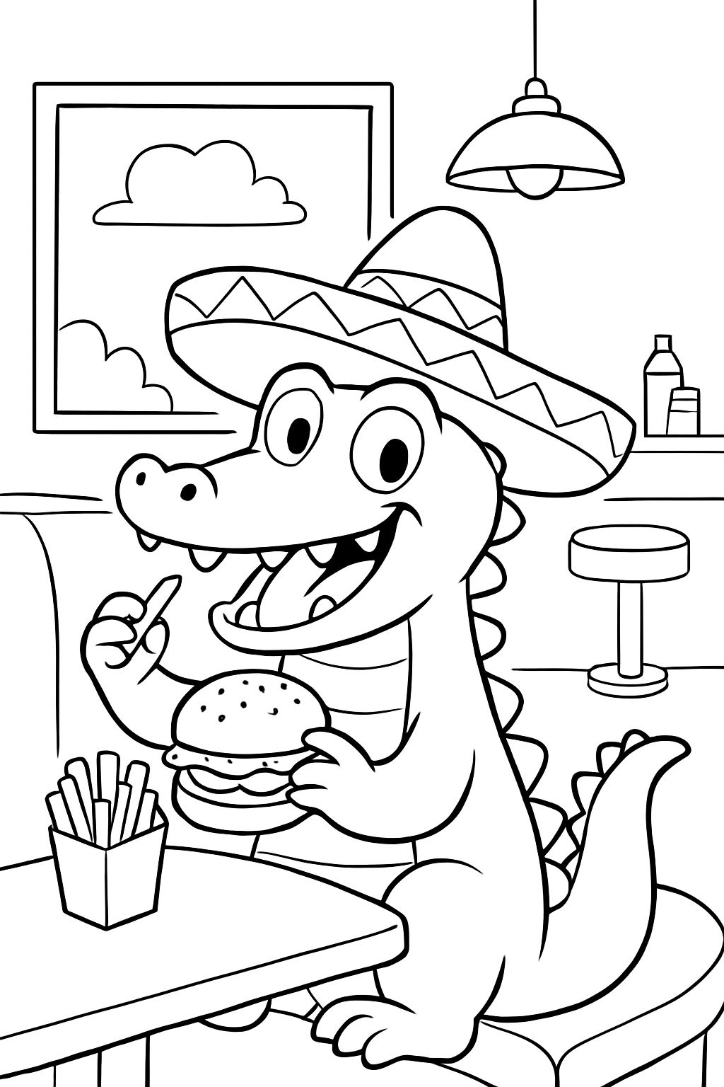 Un crocodile portant un sombrero mangeant des frites et un hamburger dans un diner.