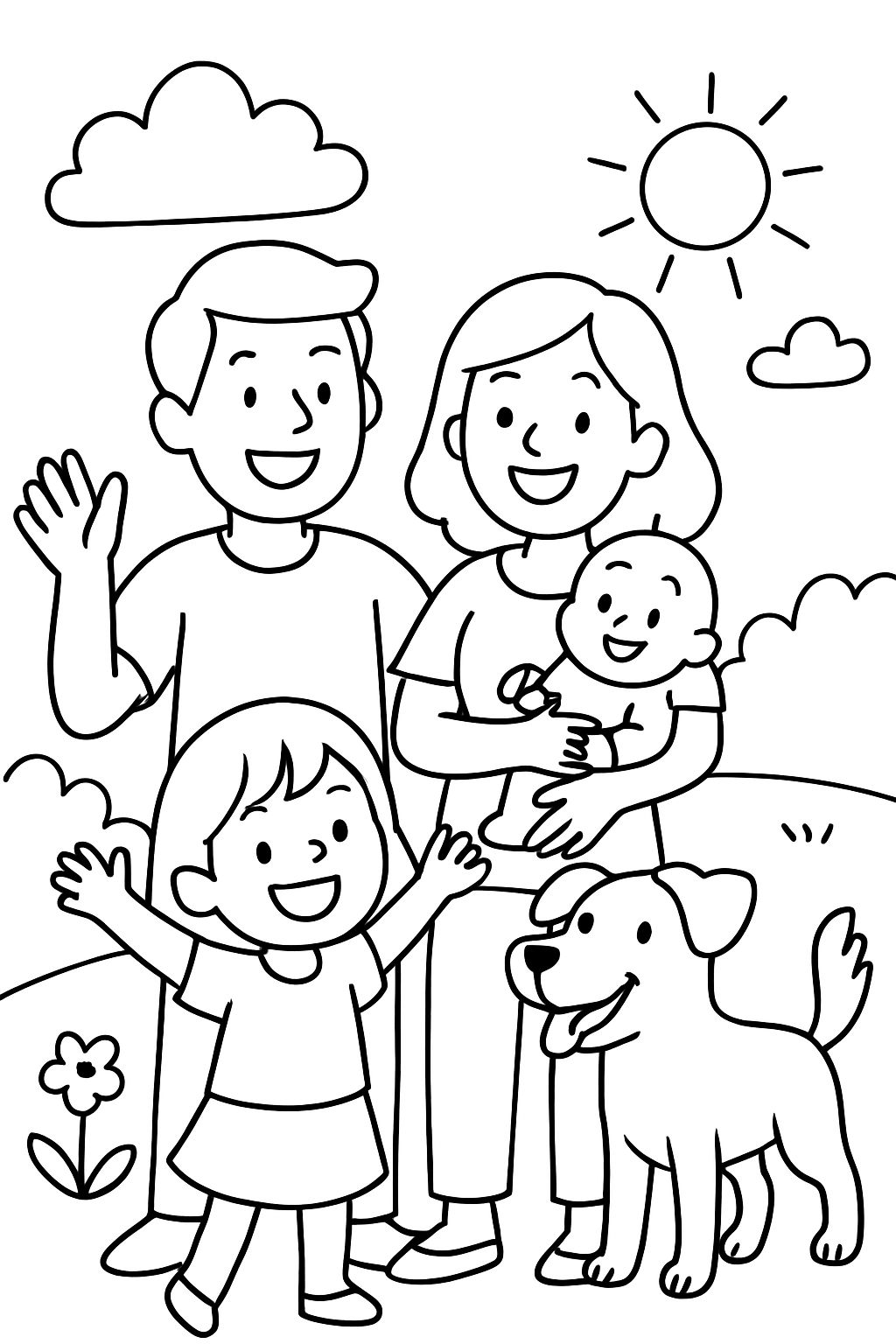 Family of 4 people including a baby and a dog.