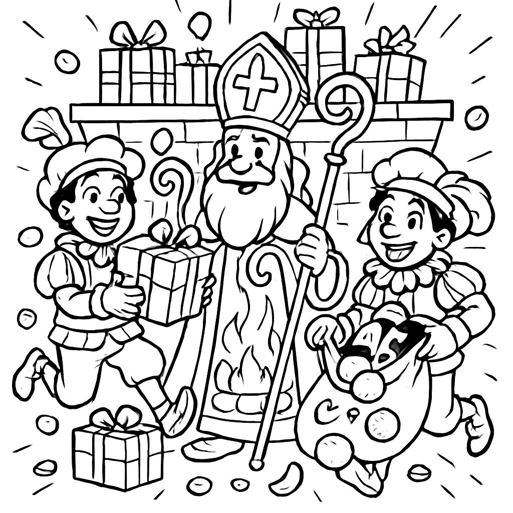 Sinterklaas and the helpers with gifts and sweets, chocolate and mandarins by the open fireplace happily. Sinterklaas and the helpers with gifts and sweets, chocolate and mandarins by the open fireplace happily.