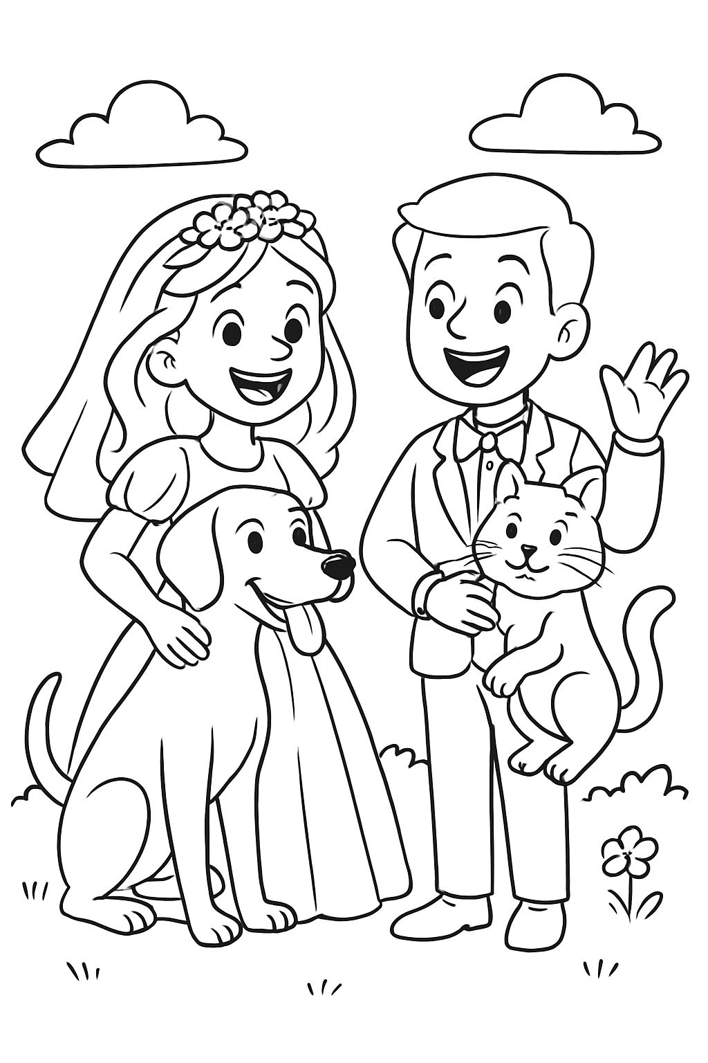 Bride with a Weimaraner dog and groom with a cat