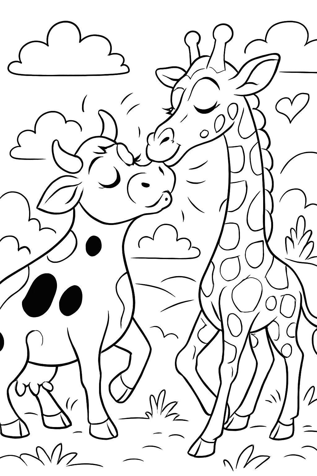 Eine Kuh und eine Giraffe küssen sich