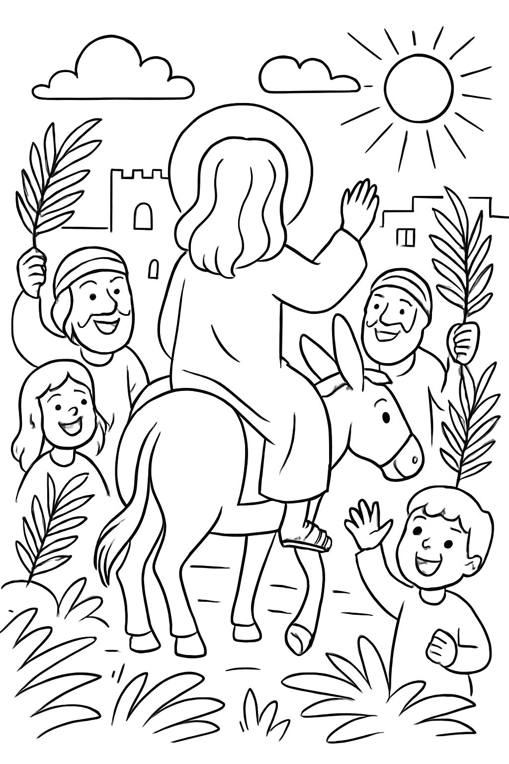 Jésus entre à Jérusalem le dimanche des Rameaux. Jésus n'est visible que de dos.