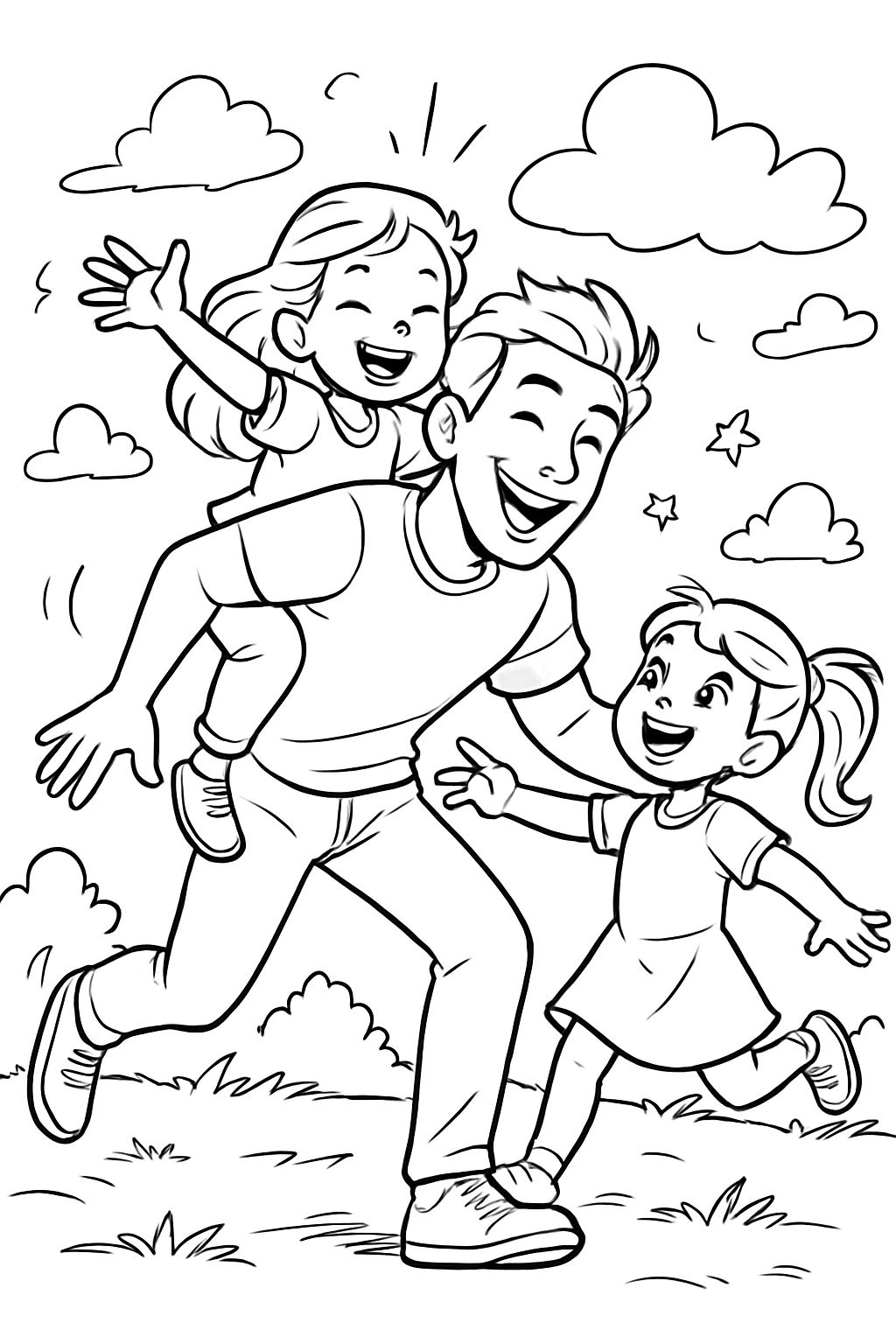 A dad with two girls playing.