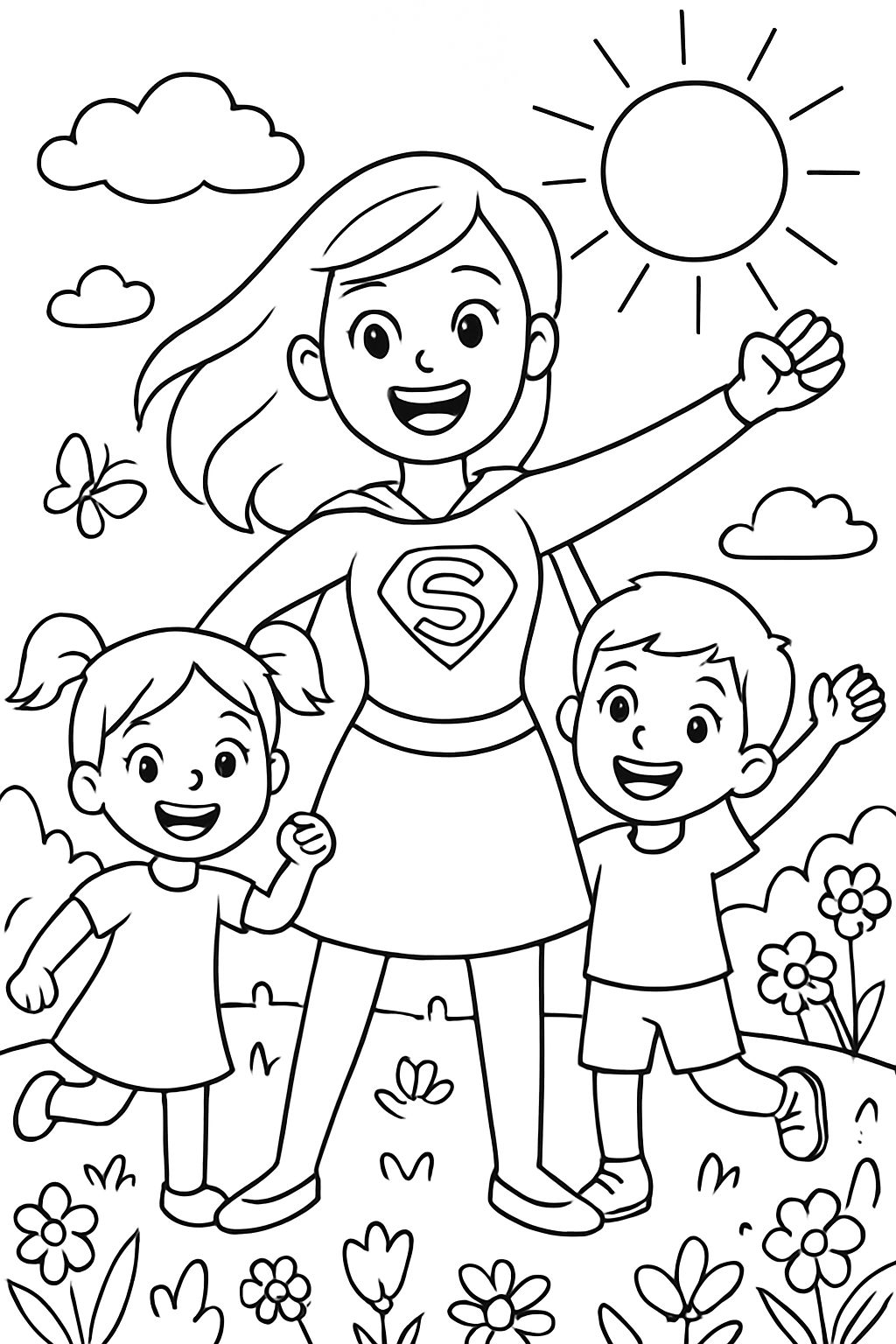 Mother with two children, Super-Mom, heroine, Mother's Day, nature, flowers, spring