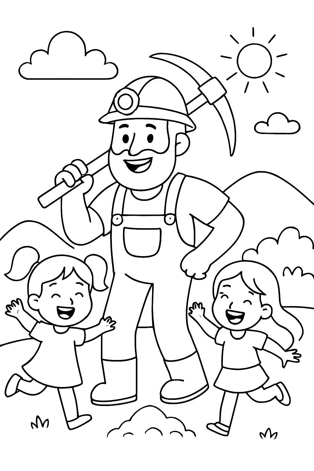 A miner dad with two girls playing.