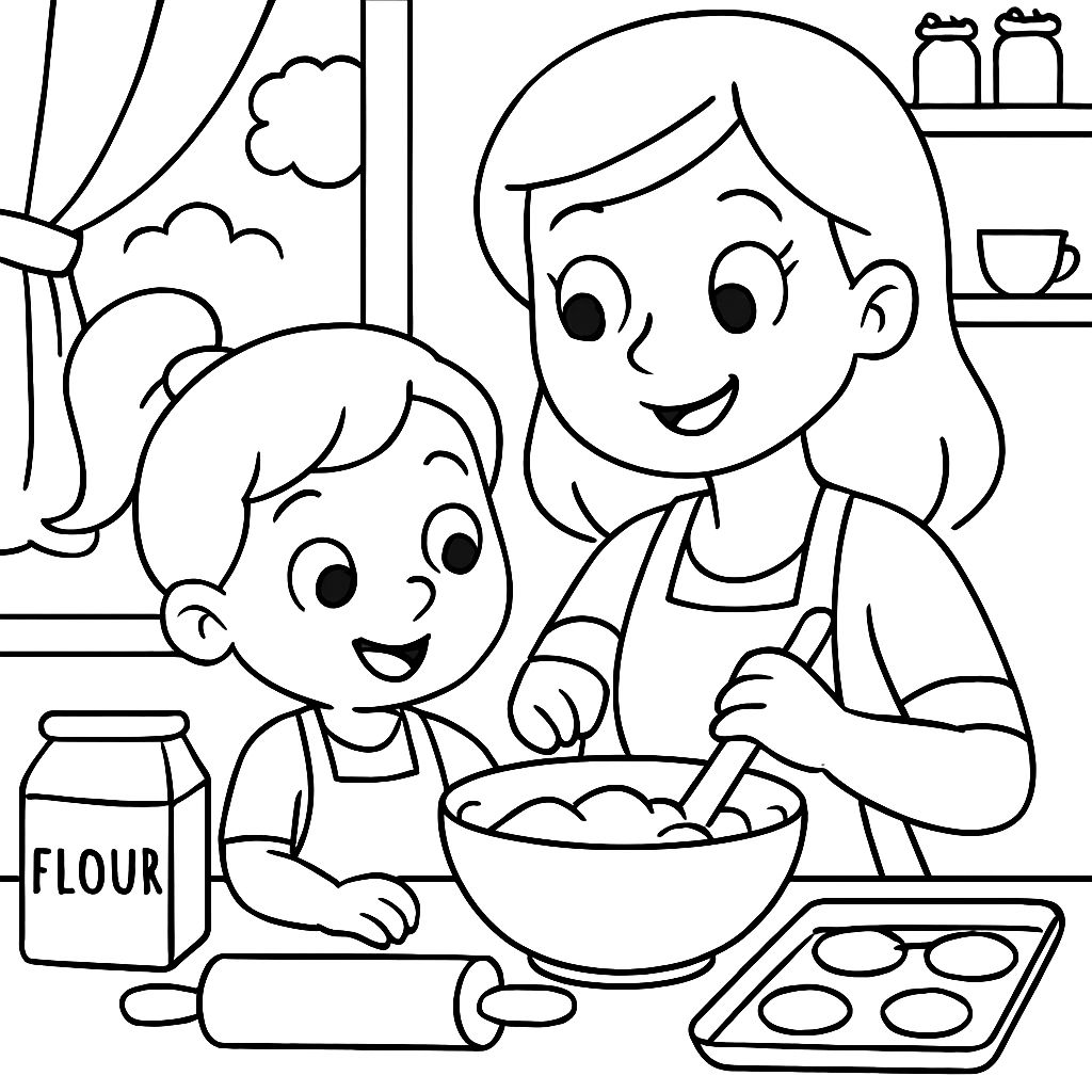 Mamãe e filha dentro de casa assando. Mamãe e filha dentro de casa assando.