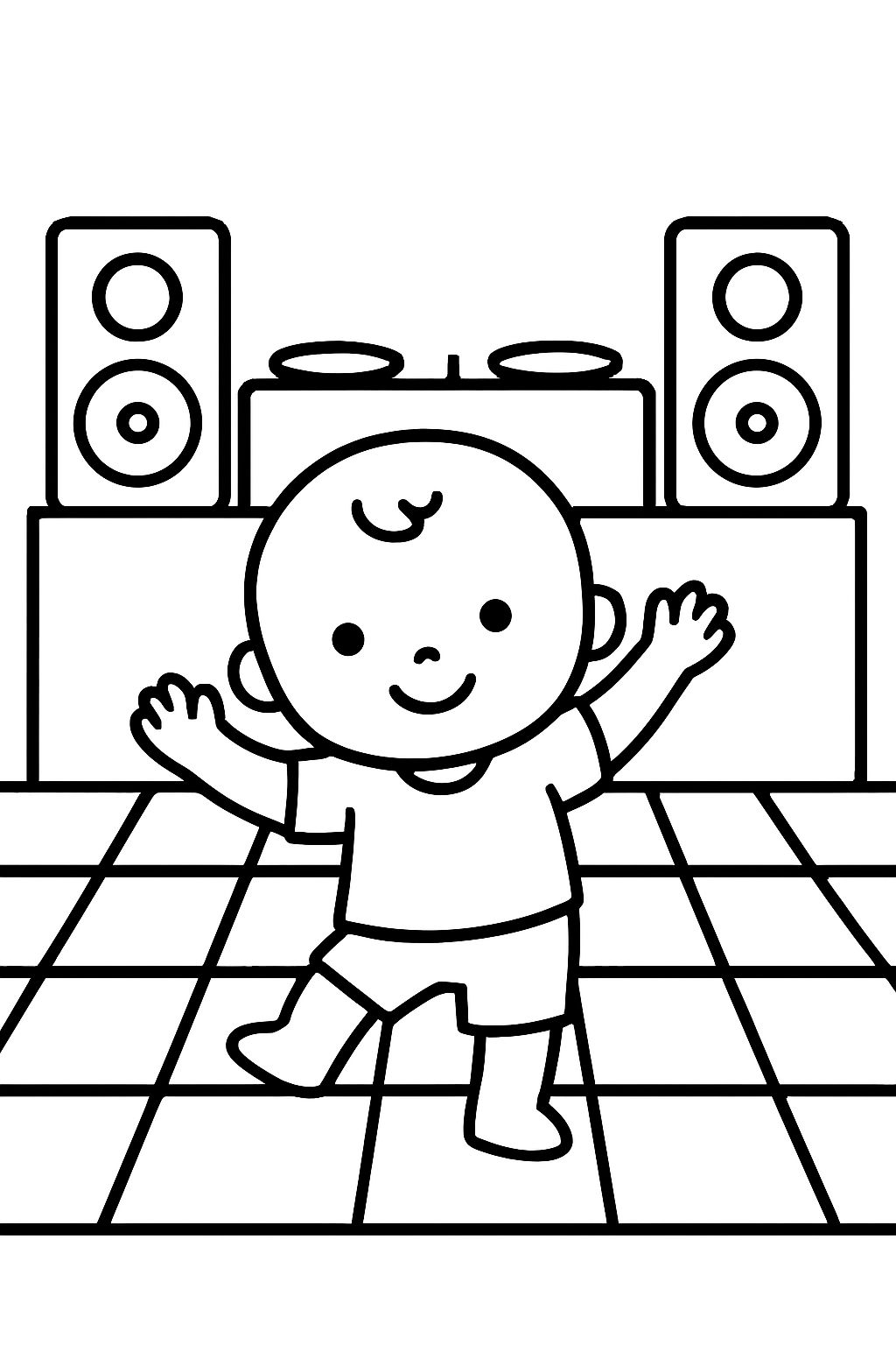 A festa de dança de Ezra com um piso de dança quadriculado e uma cabine de DJ A festa de dança de Ezra com um piso de dança quadriculado e uma cabine de DJ