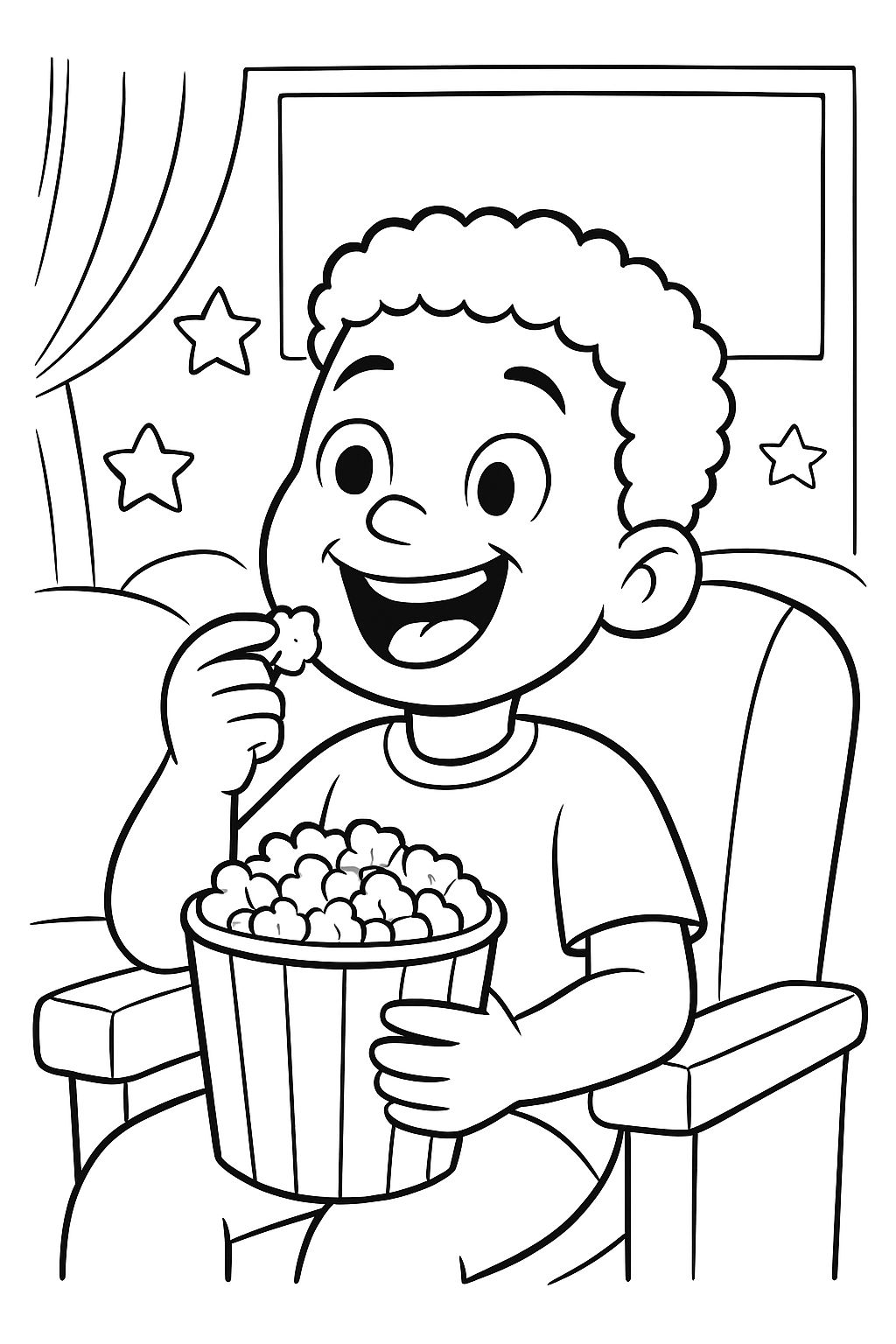 A black boy eating popcorn at the movies.