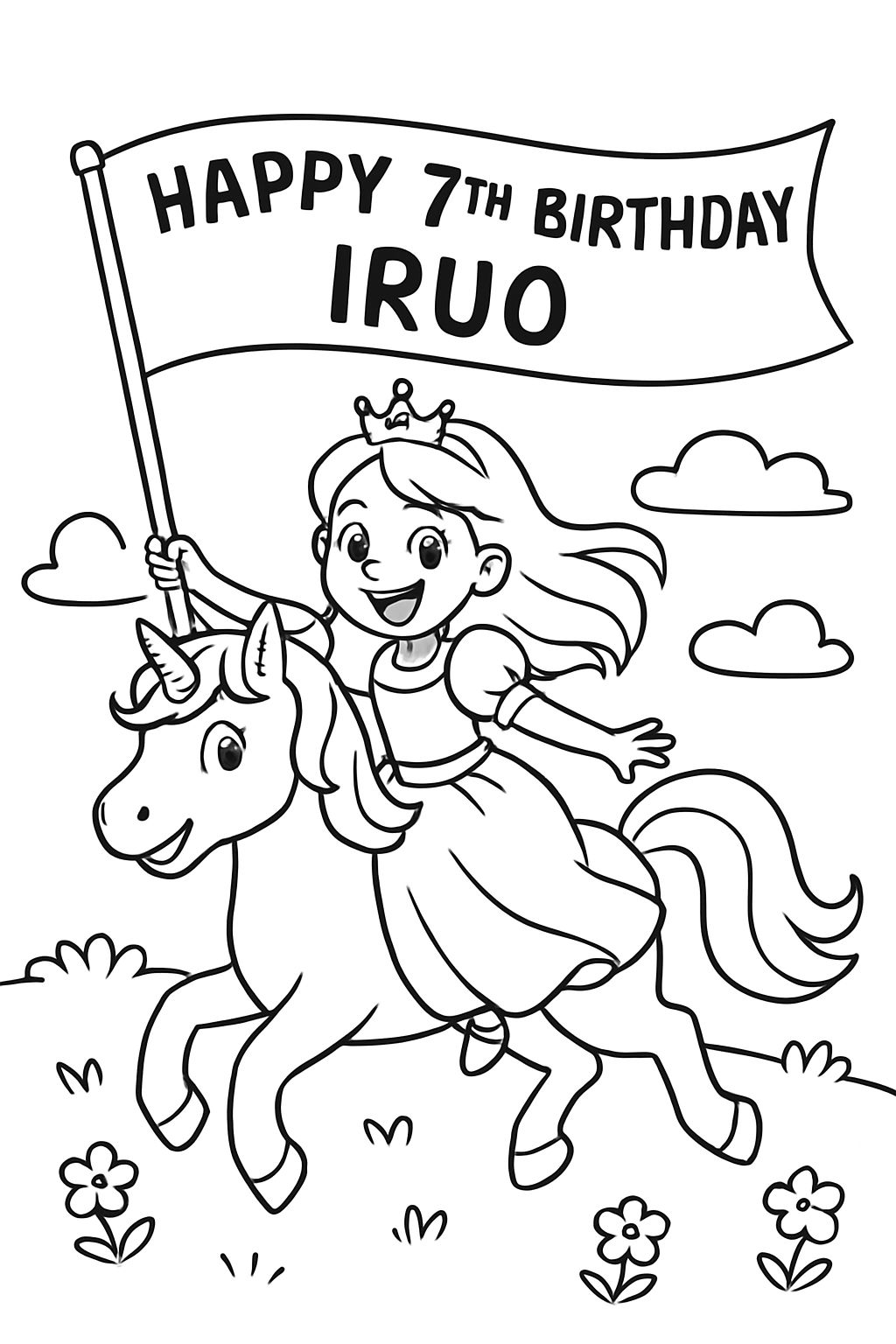 Princesa montando um unicórnio com uma faixa que diz "Feliz 7º Aniversário Iruo" Princesa montando um unicórnio com uma faixa que diz "Feliz 7º Aniversário Iruo"