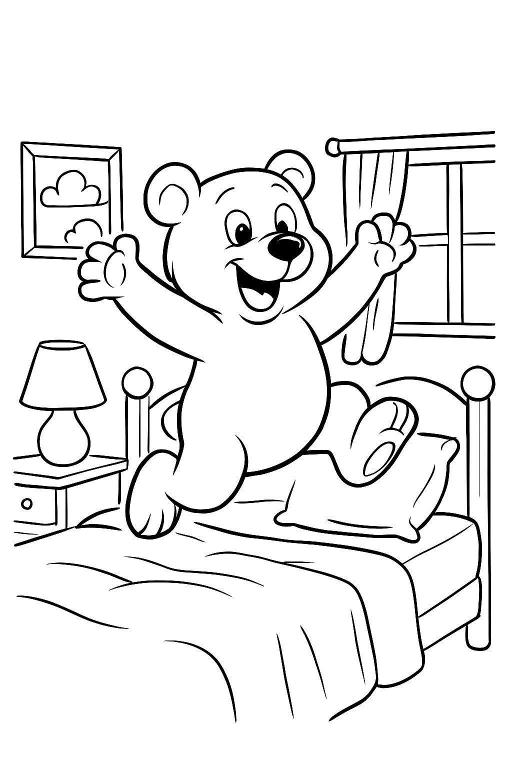 The bear on the edge of the bed