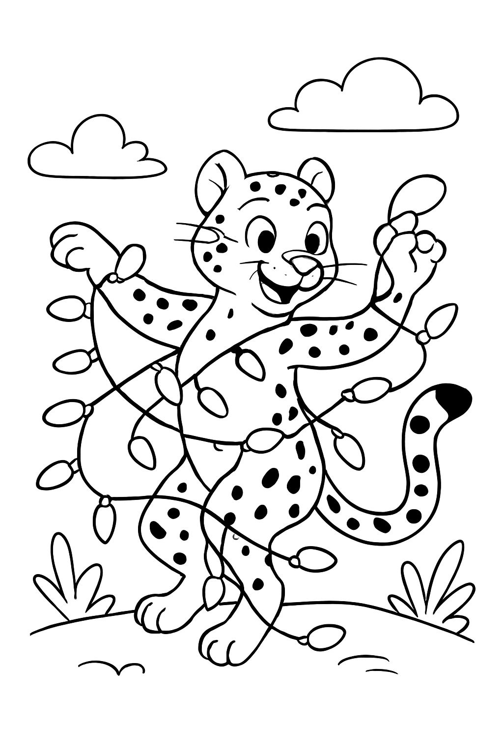 um guepardo dançando com uma corda de luzes emaranhada