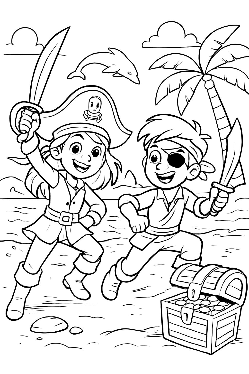filles et garçons pirates sur la plage avec des dauphins en arrière-plan filles et garçons pirates sur la plage avec des dauphins en arrière-plan