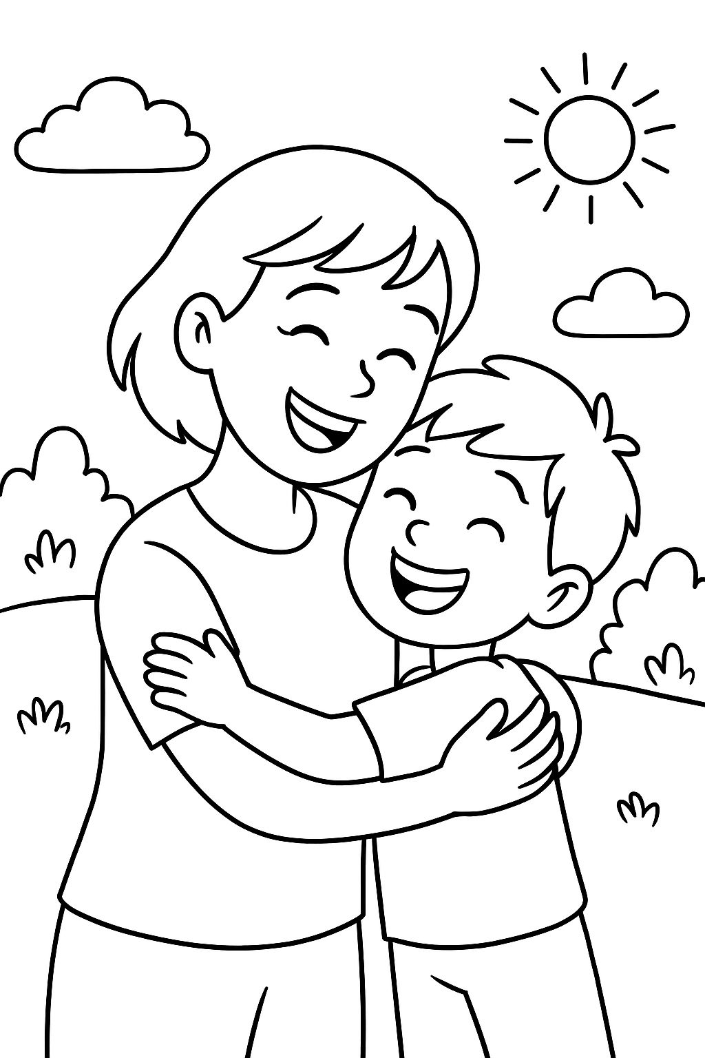Short-haired happy and loving mom hugging her son.
