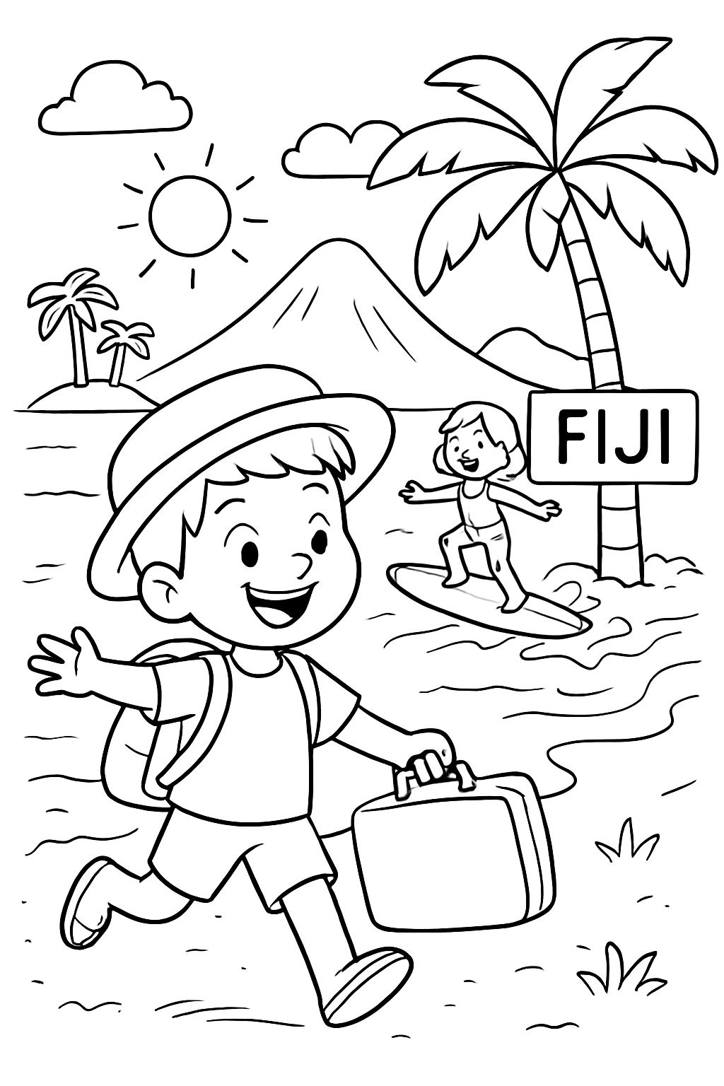 Menino viajando para a praia de Fiji e atividades.