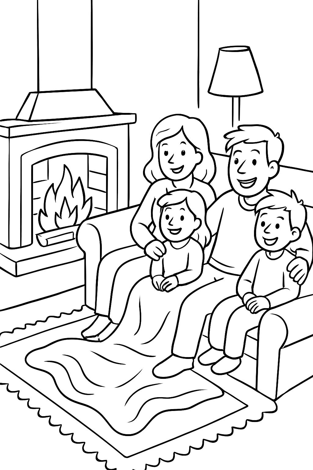 una chimenea en la habitación. delante hay una alfombra, una manta y un sofá. en el sofá hay personas calentándose junto al fuego.