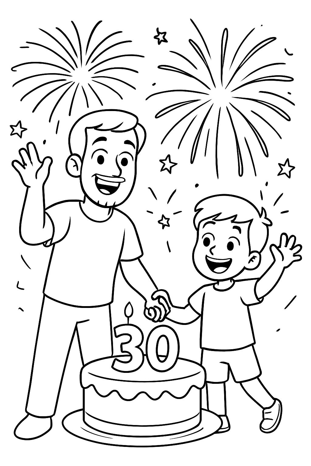 Uncle 30 year old and nephew 6 year old holding hands and celebrate 30th birthday with fireworks. Uncle 30 year old and nephew 6 year old holding hands and celebrate 30th birthday with fireworks.