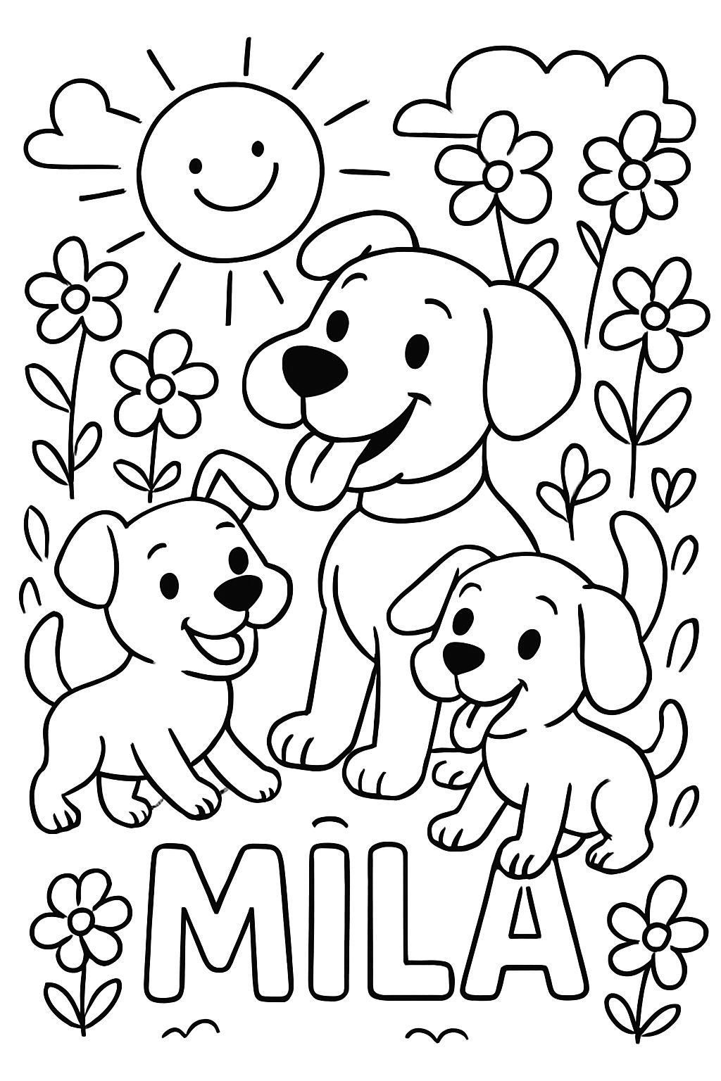 Trois chiens avec plusieurs fleurs au soleil et Mila écrit en bas.