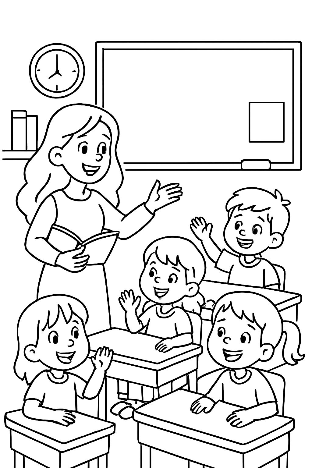 Eine Lehrerin mit langen Haaren, die lächelt und ihren Schülern in einem Klassenzimmer Unterricht erteilt. Eine Lehrerin mit langen Haaren, die lächelt und ihren Schülern in einem Klassenzimmer Unterricht erteilt.