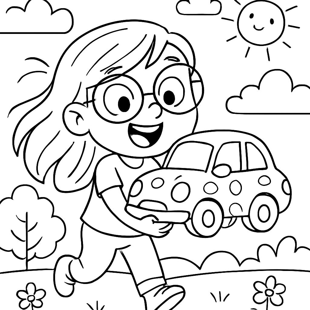 Une image d'une fille avec de longs cheveux et des lunettes tenant une voiture blanche avec des taches blanches. Une image d'une fille avec de longs cheveux et des lunettes tenant une voiture blanche avec des taches blanches.