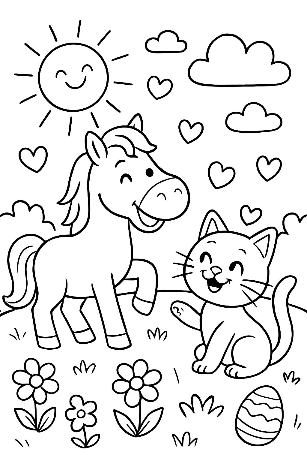 Pferd mit einer Katze, Blumen, Sonne, Wiese, Wolken, Herzchen und ein Osterei
