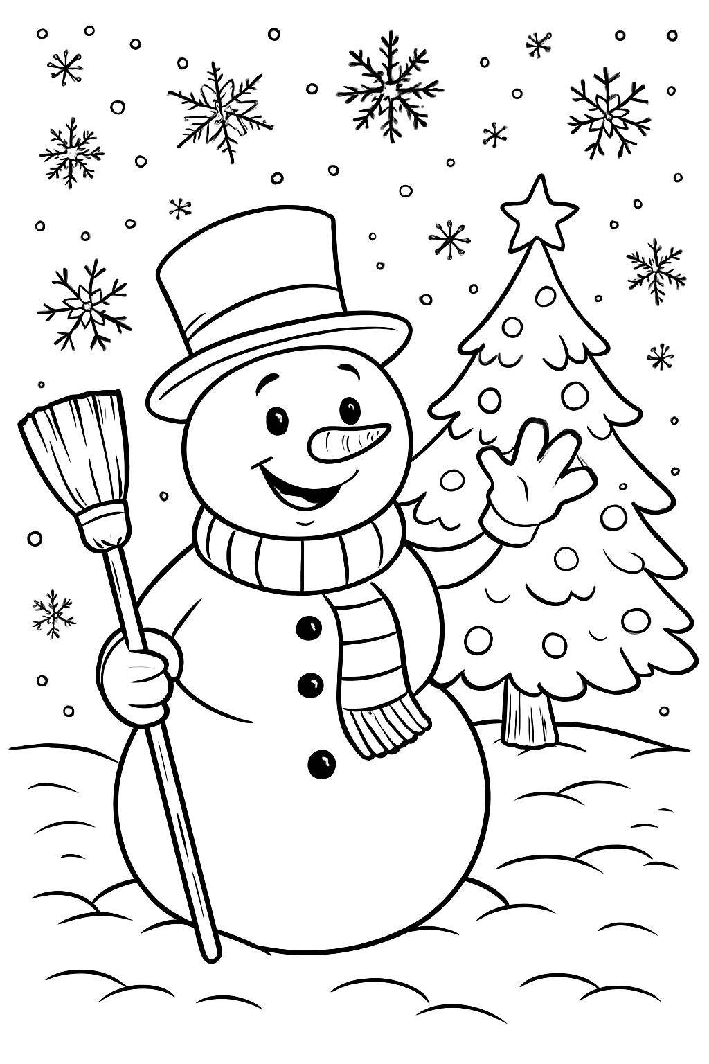 Noël, bonhomme de neige heureux avec un chapeau et un balai, sapin de Noël et flocons de neige, Noël, bonhomme de neige heureux avec un chapeau et un balai, sapin de Noël et flocons de neige,