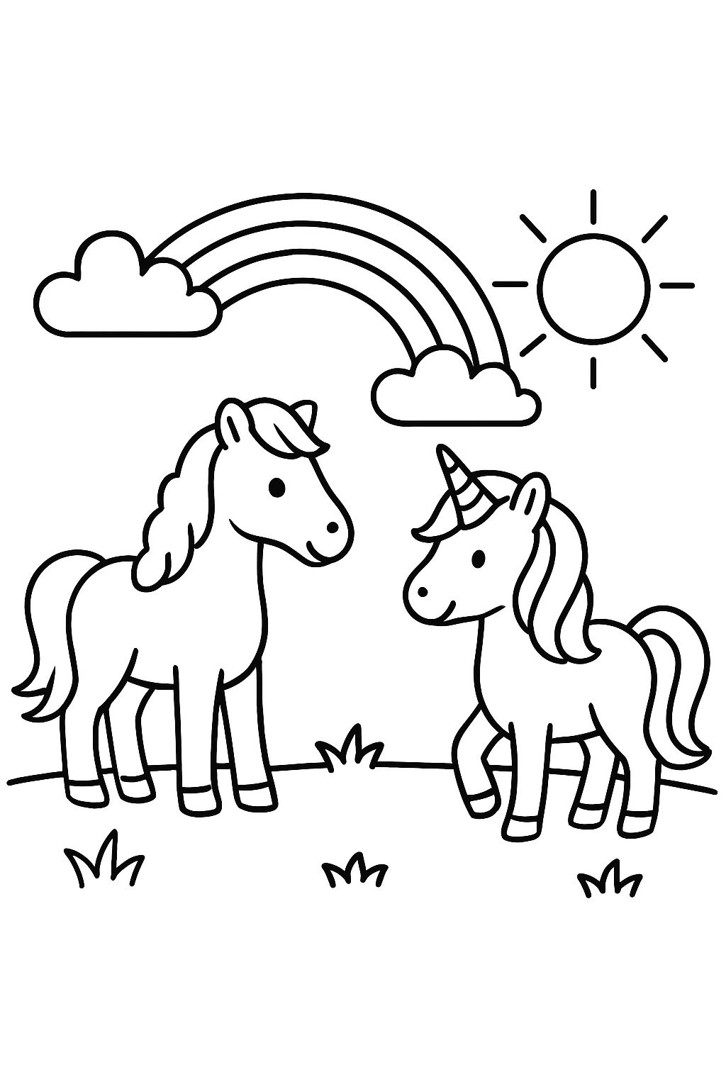 Cavalo, unicórnio, arco-íris e nuvens de sol