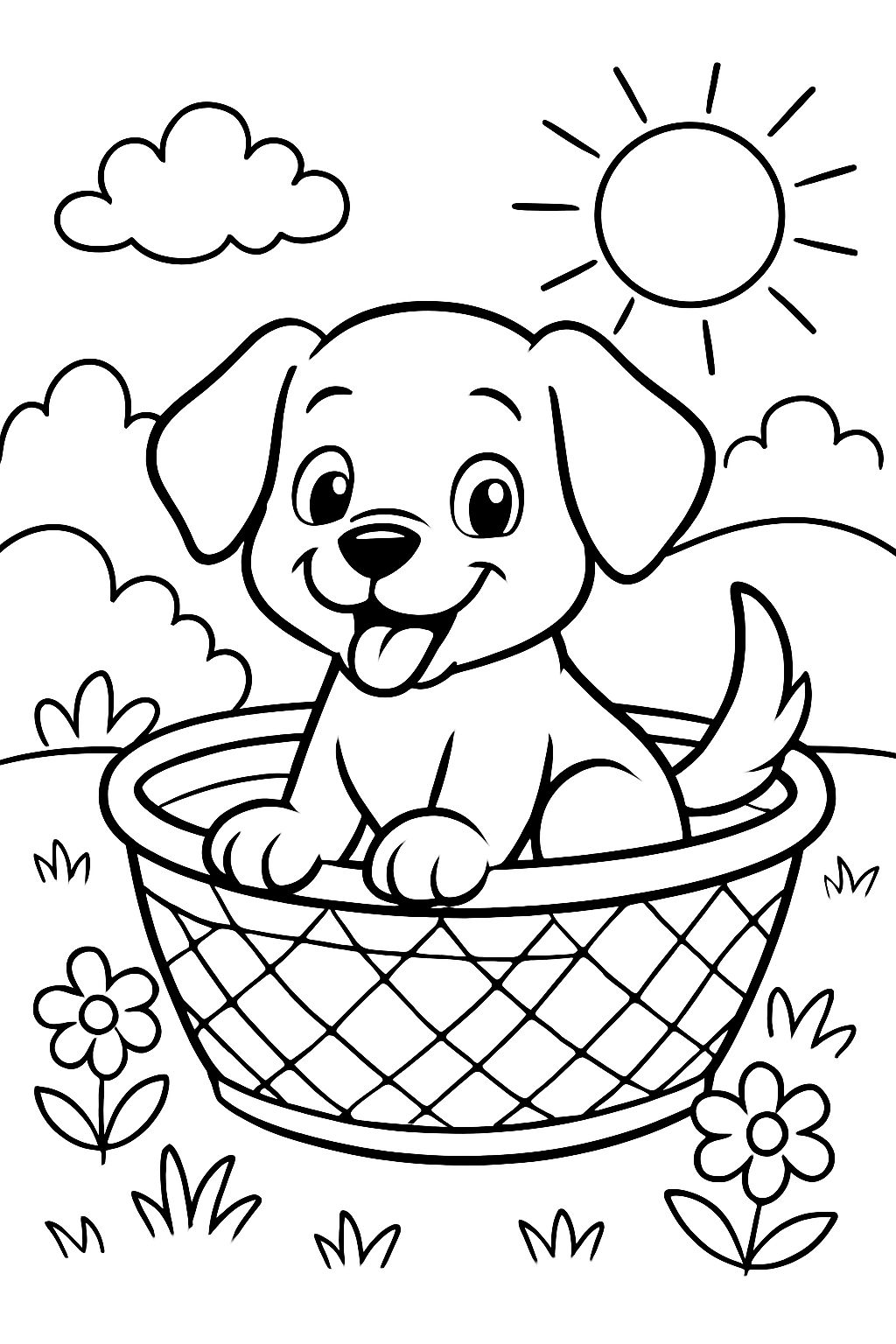 a puppy sitting in a basket