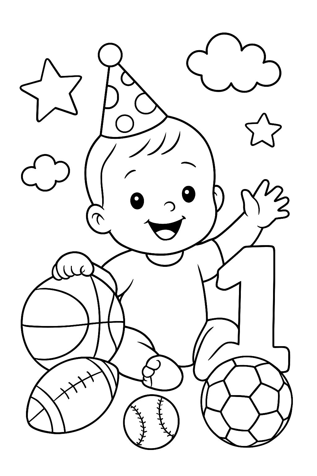 A baby boy 1st Birthday surrounded by sports balls. A baby boy 1st Birthday surrounded by sports balls.