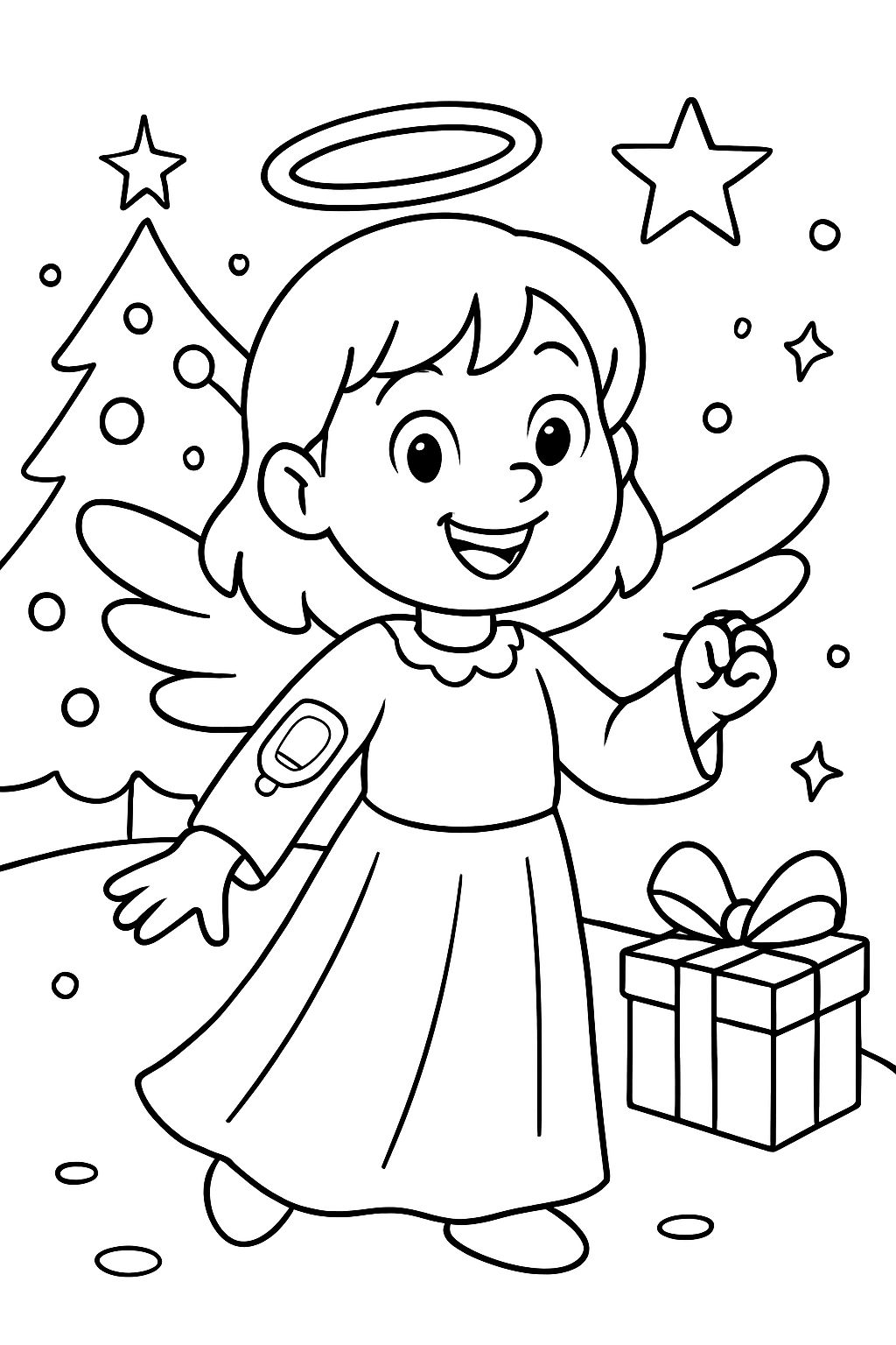 Um anjo de Natal com diabetes e um sensor no braço