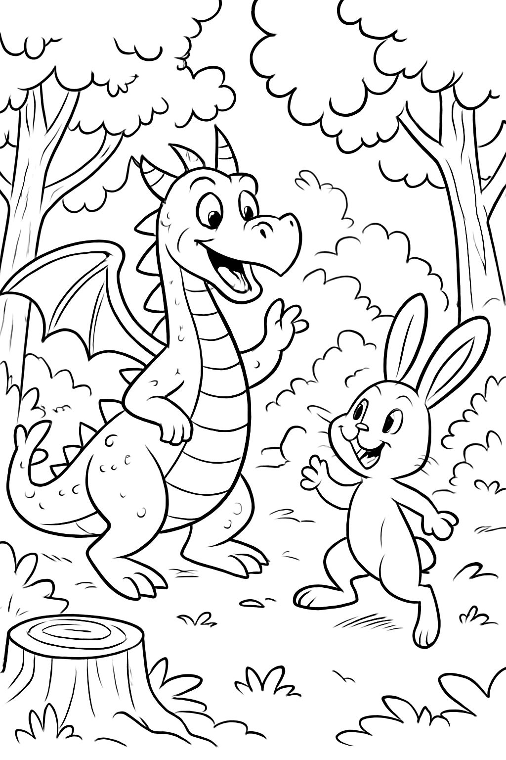 a dragon and a rabbit in a forest, easy to draw