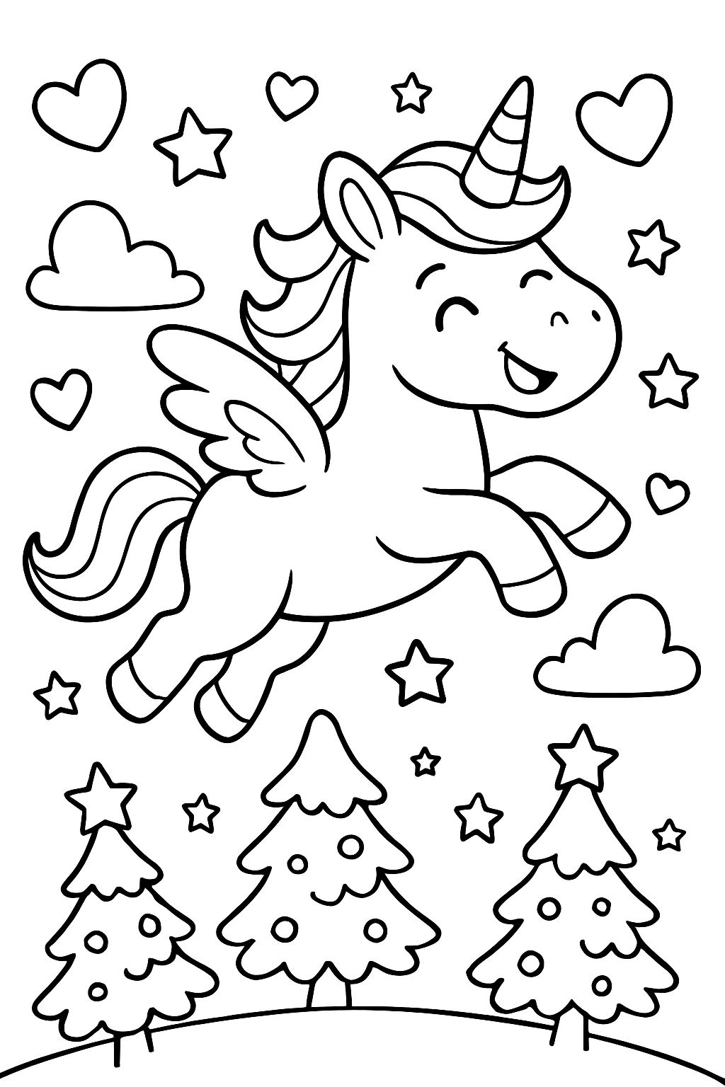 Einhorn fliegt durch den Himmel über Weihnachtsbäume mit Herzen und Sternen im Himmel