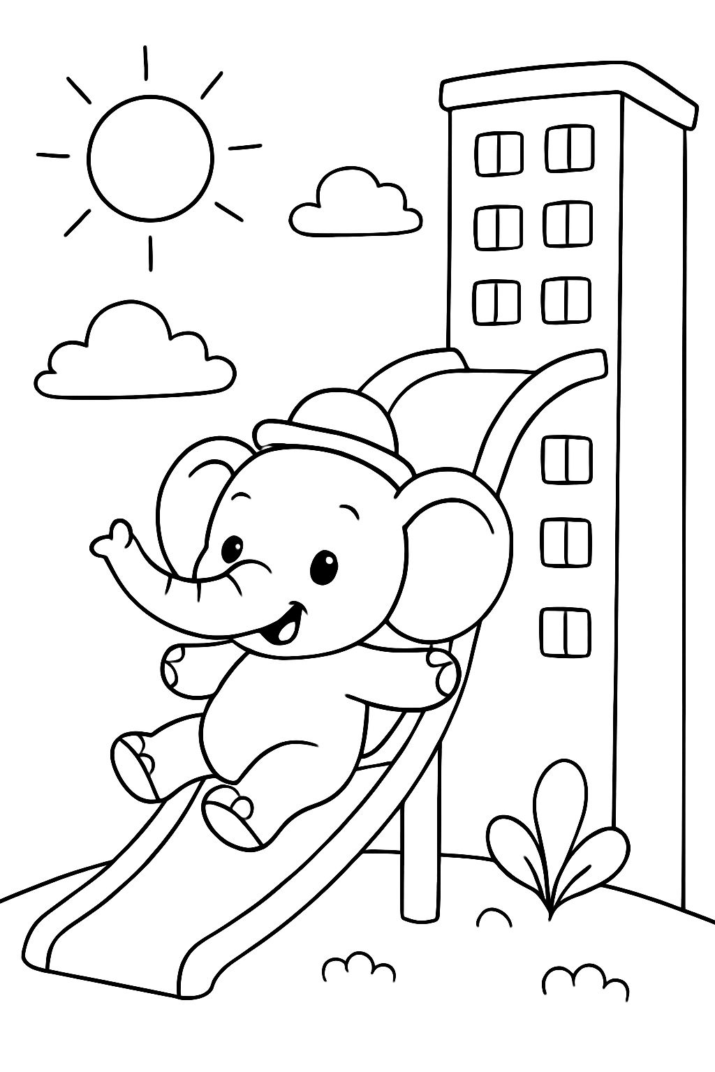 A baby elephant wearing a hat sliding down a slide from a skyscraper