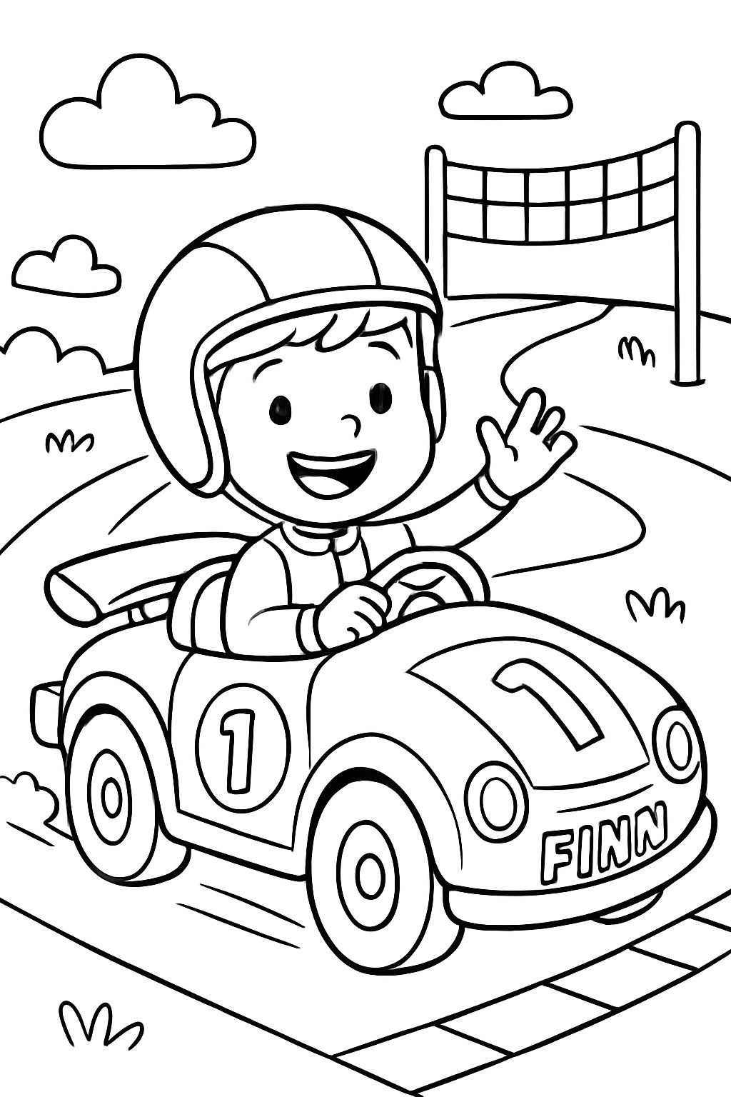Ein Junge namens Finn in einem Rennwagen