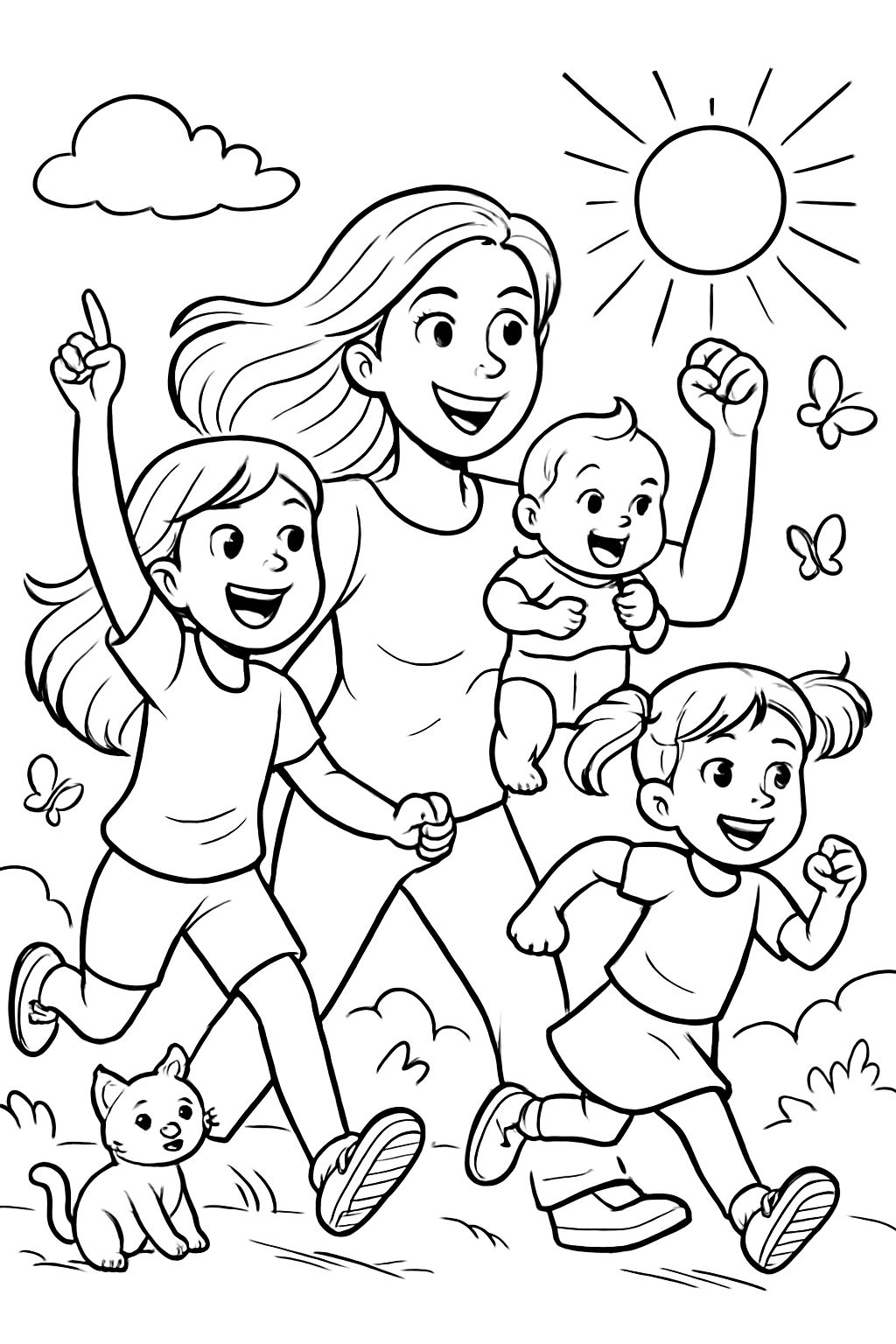 Family with 2 girls and a mom with baby