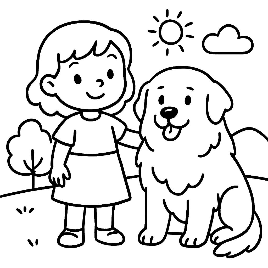 a little girl with shoulder-length wavy hair standing with her great Pyrenees a little girl with shoulder-length wavy hair standing with her great Pyrenees