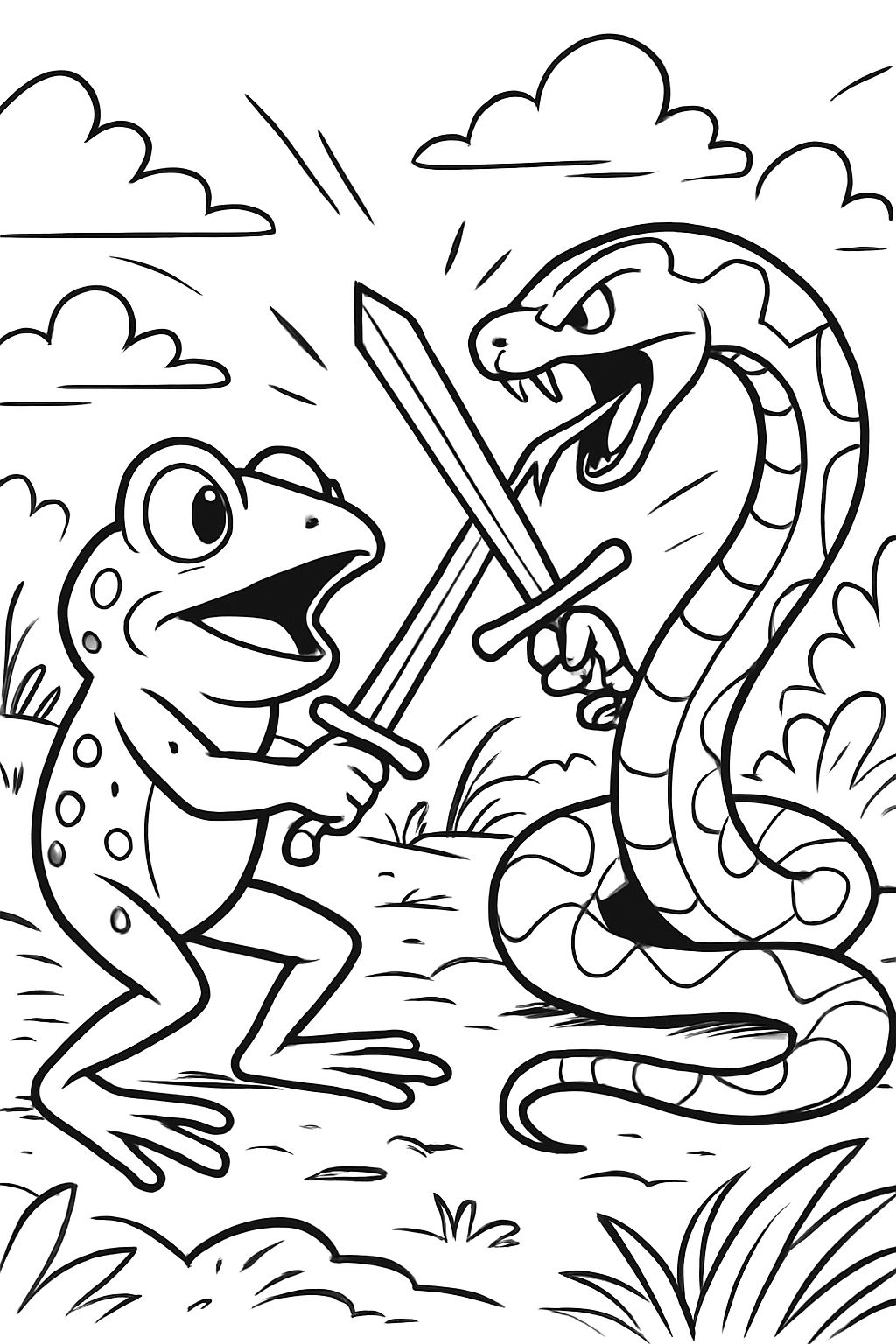 Une grenouille et un serpent se battent à l'épée.