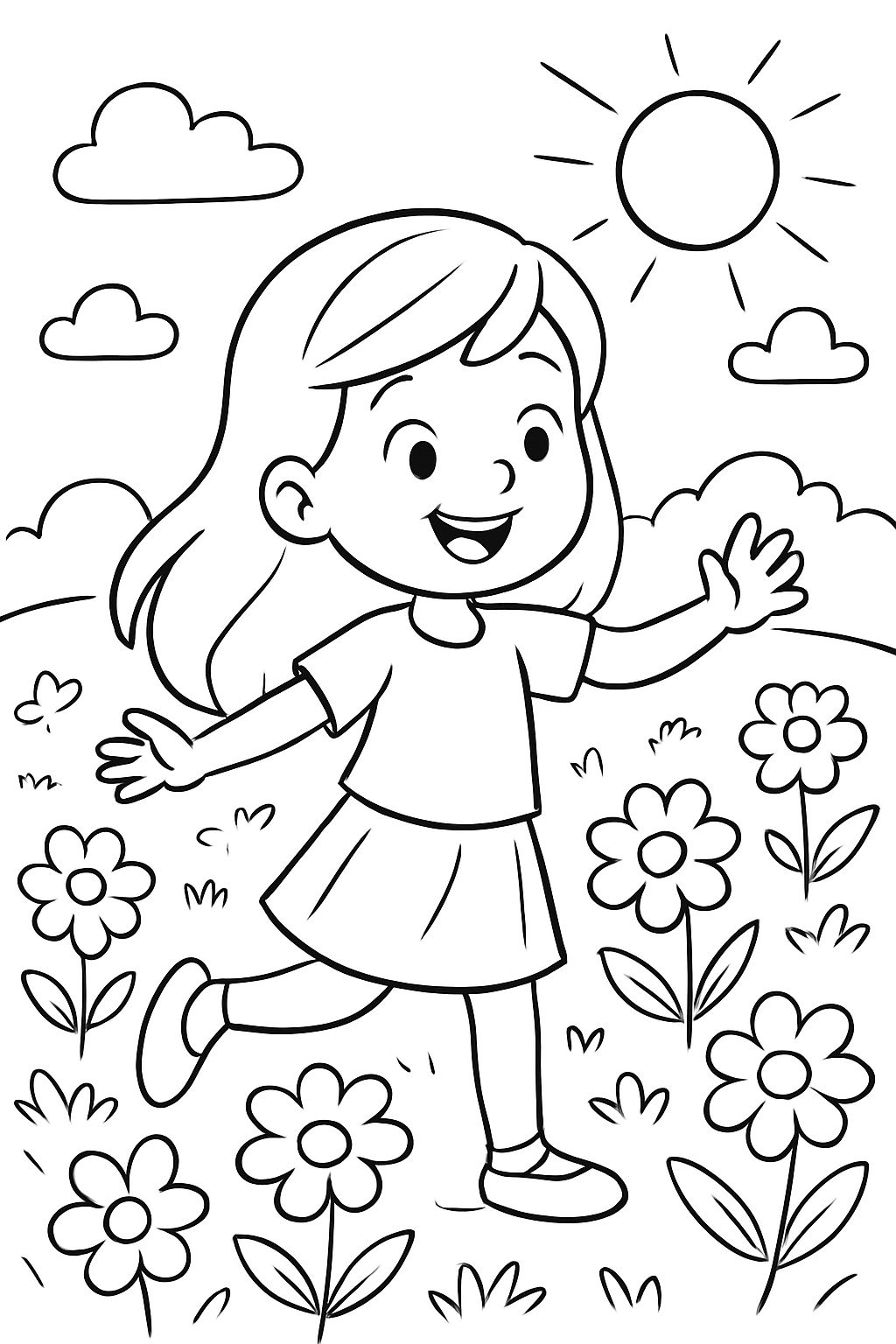 Six year old girl with long hair in a field of flowers